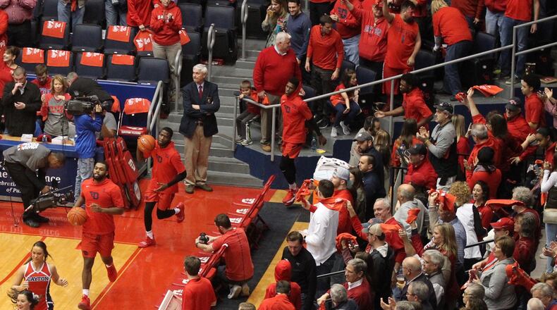 Dayton’s Trey Landers leads the team onto the court before a game against Saint Louis on Saturday, Feb. 23, 2019, at UD Arena. David Jablonski/Staff