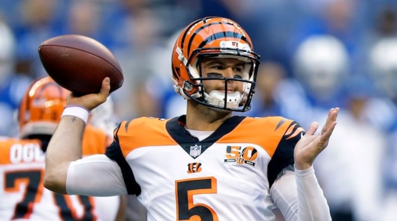 Cincinnati Bengals quarterback AJ McCarron throws during the first half of an NFL football game against the Indianapolis Colts in Indianapolis, Thursday, Aug. 31, 2017. (AP Photo/Michael Conroy)