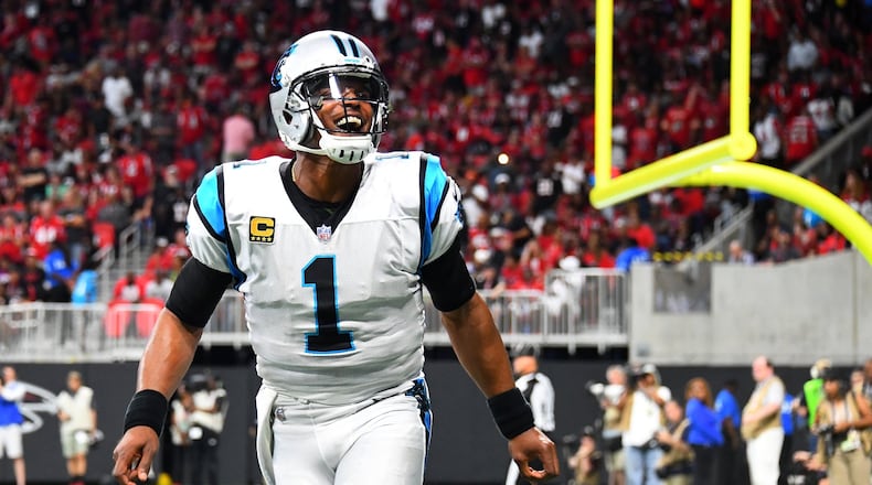 ATLANTA, GA - SEPTEMBER 16: Cam Newton #1 of the Carolina Panthers reacts to a touchdown during the second half against the Atlanta Falcons at Mercedes-Benz Stadium on September 16, 2018 in Atlanta, Georgia. (Photo by Scott Cunningham/Getty Images)