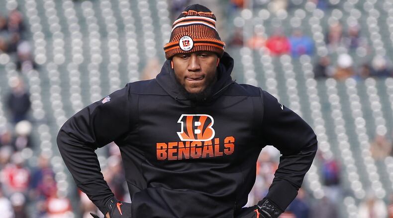 Cincinnati Bengals defensive end Carlos Dunlap practices before an NFL football game against the New England Patriots, Sunday, Dec. 15, 2019, in Cincinnati. (AP Photo/Gary Landers)