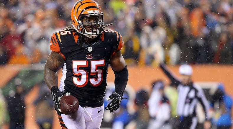Cincinnati Bengals outside linebacker Vontaze Burfict (55) reacts after sacking Pittsburgh Steelers quarterback Ben Roethlisberger (7) during the third quarter in the AFC Wild Card playoff football game at Paul Brown Stadium.