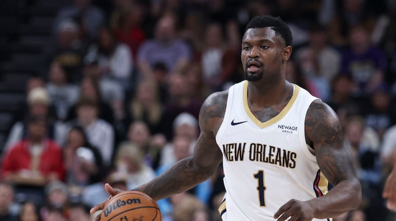 New Orleans Pelicans forward Zion Williamson brings the ball upcourt against the Utah Jazz during the first half of an NBA basketball game, Saturday, Feb. 28, 2026, in Salt Lake City. (AP Photo/Rob Gray)