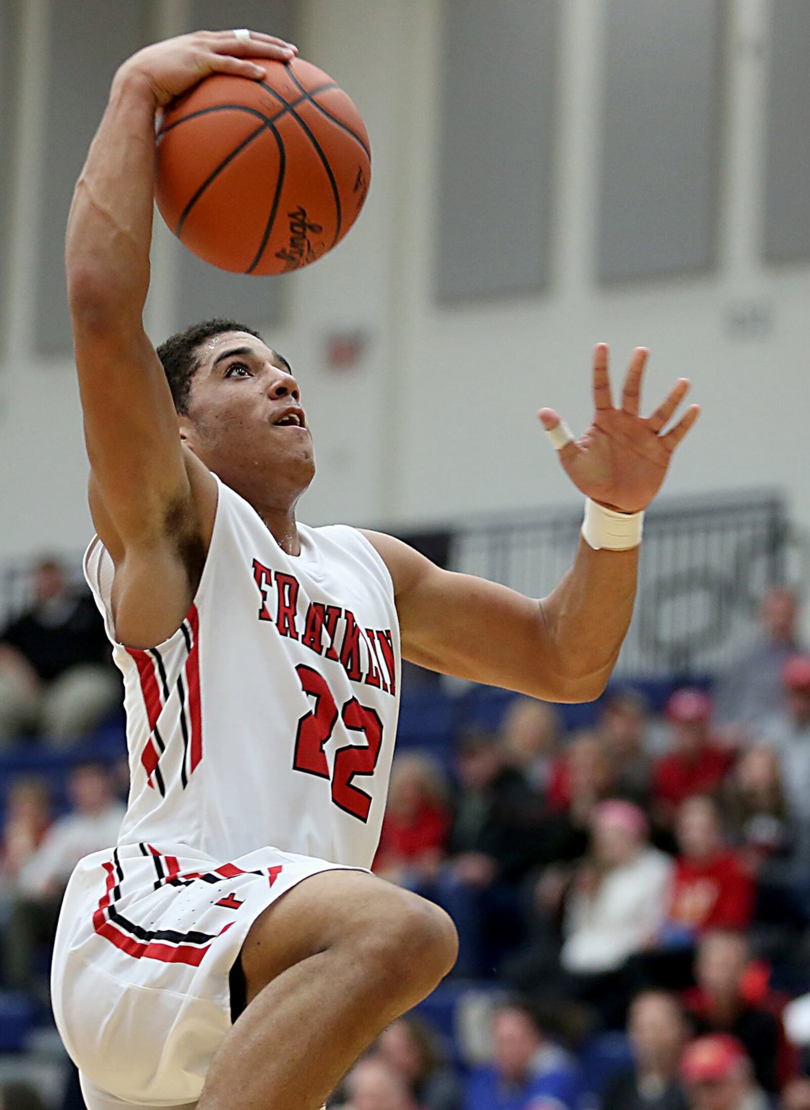 Franklin guard Ryan Montgomery elevates toward the basket during Saturday’s Division II sectional game against Fenwick at Fairmont’s Trent Arena. CONTRIBUTED PHOTO BY E.L. HUBBARD