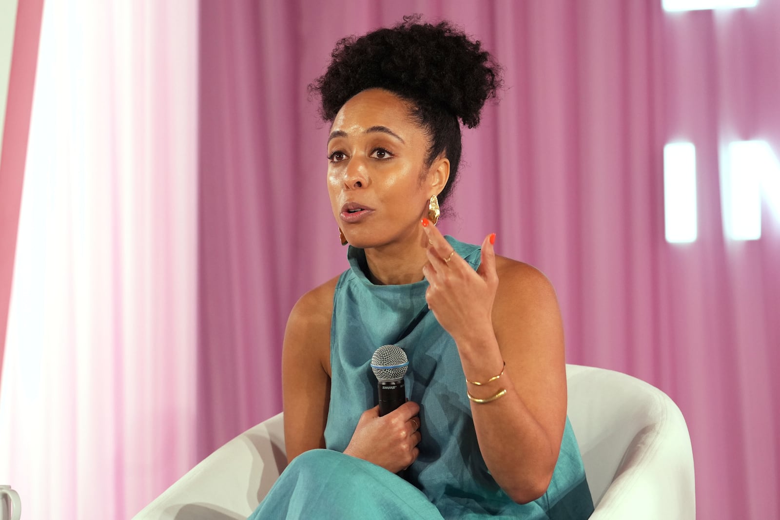 Tynesha McHarris, with the Black Feminist Fund, speaks during The Elevate Prize Foundation's Make Good Famous Summit, Tuesday, May 13, 2025, in Miami Beach, Fla. (AP Photo/Marta Lavandier)