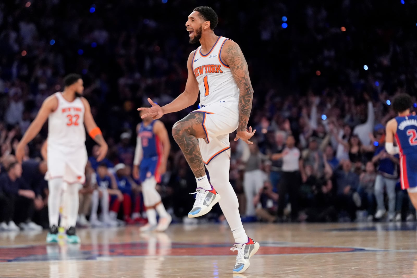 New York Knicks guard Cameron Payne reacts during the second half of Game 1 in an NBA basketball first-round playoff series against the Detroit Pistons, Saturday, April 19, 2025, in New York. (AP Photo/Julia Demaree Nikhinson)