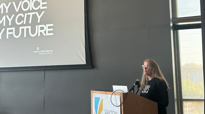 Stacy Schweikhart, CEO of Learn to Earn, speaks during the kickoff event for the Student Vision for Dayton project. Eileen McClory / staff