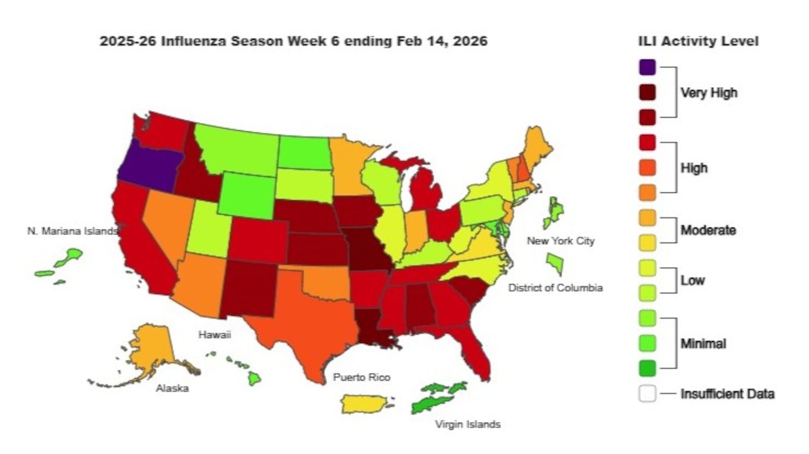 This is the weekly Outpatient Respiratory Illness Activity map from the CDC, for the week ending Feb. 14, 2026.