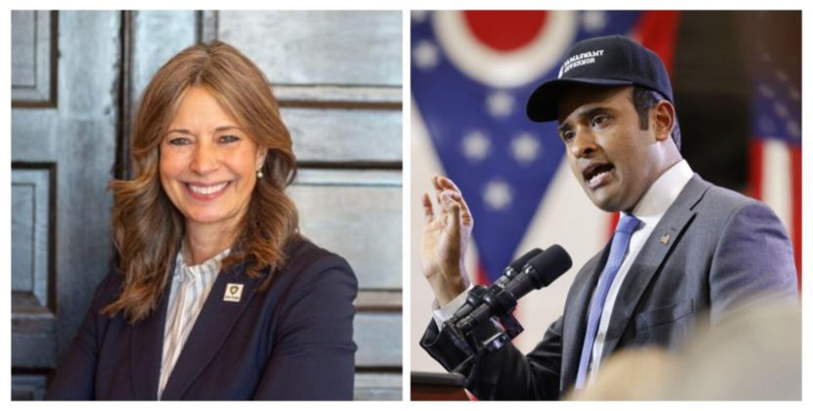 Ohio's top 2026 Democratic candidate for governor Amy Acton, left, and presumptive Republican nominee Vivek Ramaswamy, right.