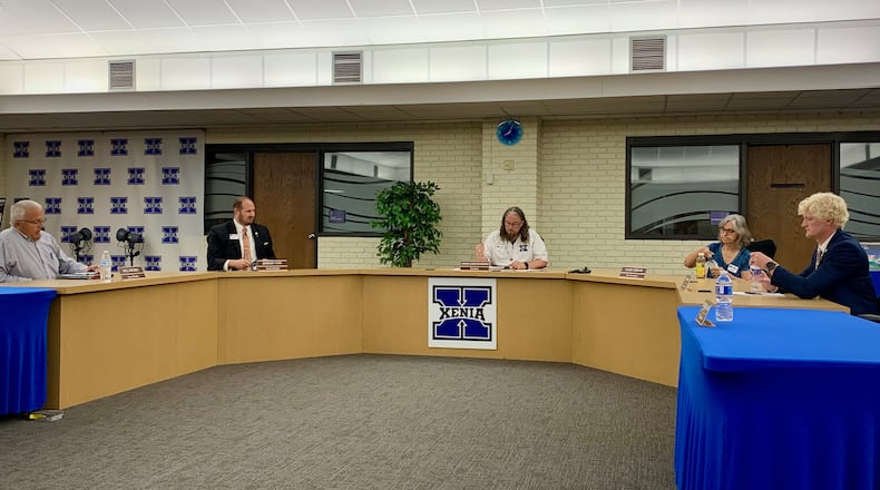 The Xenia School Board during a special meeting, Sept. 29, 2025, to consider the employment of three teachers in the district who came under fire for social media posts. LONDON BISHOP/STAFF