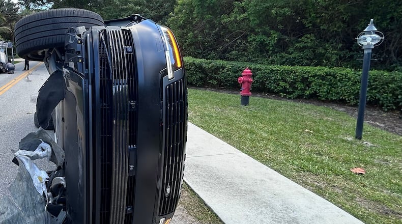 This photo provided by the Martin County Sheriff's Office shows the overturned vehicle in a rollover crash which involved Tiger Woods in Jupiter Island, Fla., on Friday, March 27, 2026. (Martin County Sheriff's Office via AP)