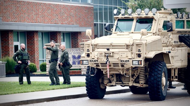 Middletown police SWAT vehicle parked outside Middletown high school Monday, July 22, 2024. MARSHALL GORBY \STAFF
