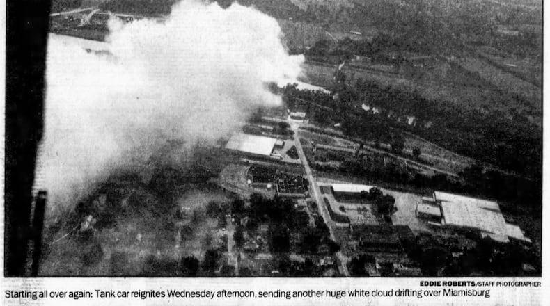 On July 8, 1986, about 15 railroad cars of a 44-car train carrying white phosphorus went off the tracks in Miamisburg, causing a massive fire that forced mass evacuations of the area. DAYTON DAILY NEWS ARCHIVES