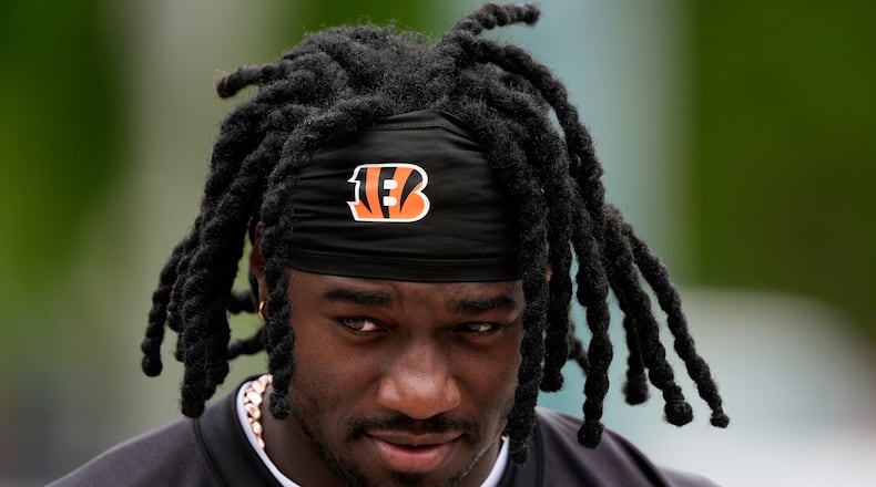 Cincinnati Bengals defensive end Shemar Stewart arrives for NFL football practice on Tuesday, May 13, 2025, in Cincinnati. (AP Photo/Carolyn Kaster)