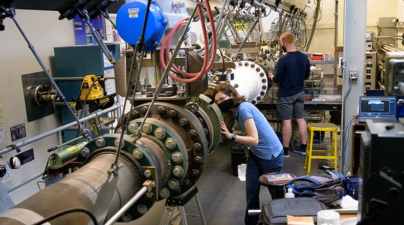 Students work during the summer with Purdue’s Mach 6 quiet wind tunnel. A more advanced Mach 8 quiet wind tunnel will be part of the new hypersonics research building to be constructed at Purdue. Purdue University/John Underwood