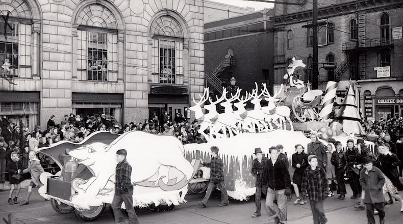 Santa Claus arrives in downtown Dayton during the Rike's Toy Parade. The Thanksgviving Day event was held in Dayton from 1923 to 1942. The annual tradition ended when World War II began. RIKE’S HISTORICAL COLLECTION, SPECIAL COLLECTIONS & ARCHIVES, WRIGHT STATE UNIVERSITY