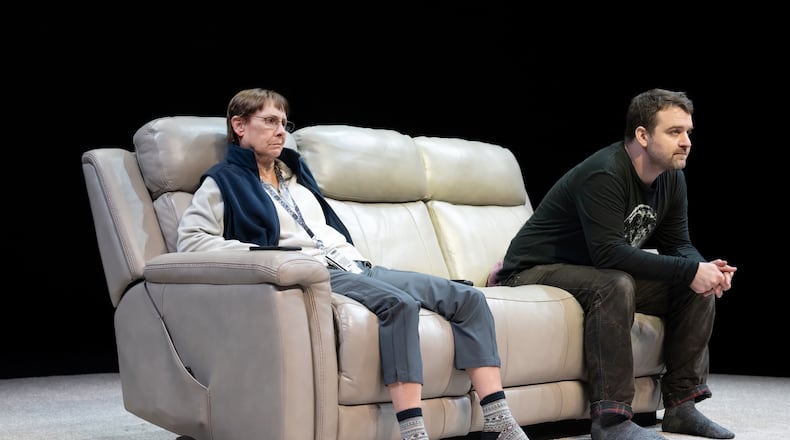 Laurie Metcalf (Sarah) and Micah Stock (Ethan) in the Broadway production of "Little Bear Ridge Road." Photo by Julieta Cervantes