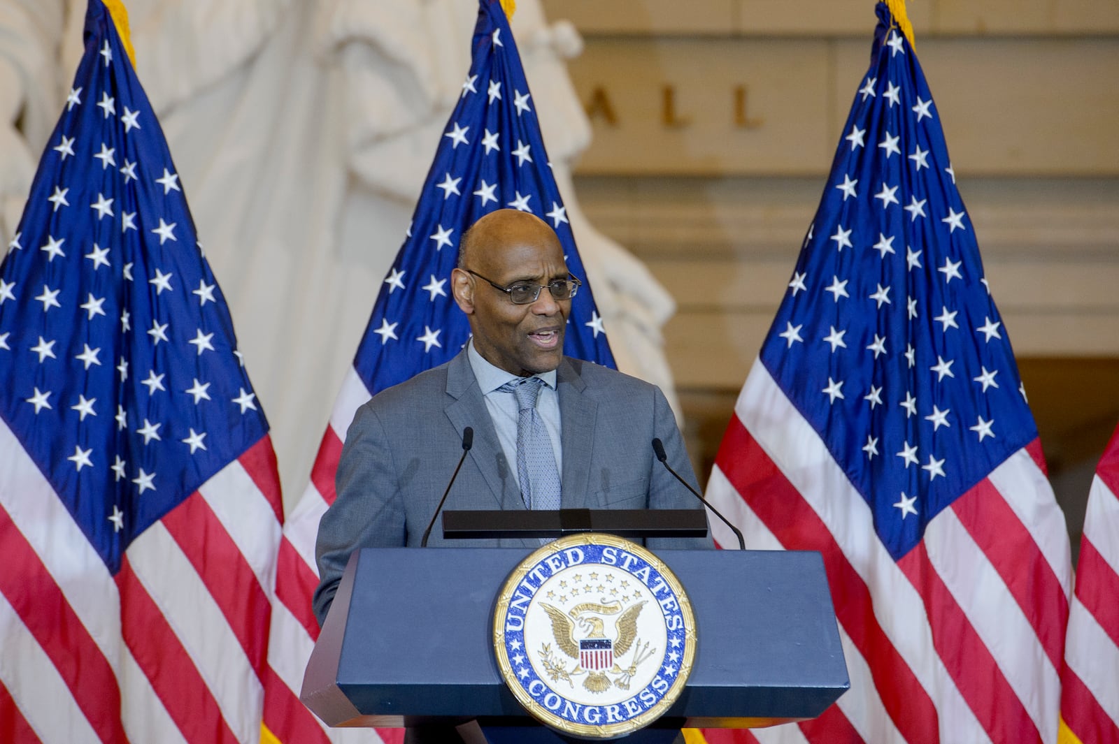 Stanley Earley III, son of Army Lt. Col. Charity Adams Earley, speaks during a Congressional Gold Medal Ceremony honoring the U.S. Army's 6888th Central Postal Directory Battalion, on Capitol Hill, Tuesday, April 29, 2025, in Washington. The U.S. Army's 6888th Central Postal Directory Battalion, also known as the "Six Triple Eight", was a group of Black servicewomen, serving overseas, to sort millions of pieces of mail and deliver them to the troops in the field of battle during World War II. (AP Photo/Rod Lamkey, Jr.)