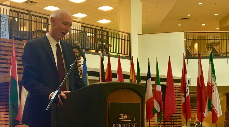 Wright State University provost Tom Sudkamp speaks at an international student celebration in November. WSU has seen a decline in international student applications of nearly 50 percent overall.