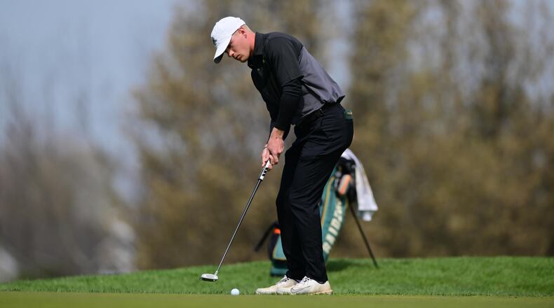 Wright State University golfer Shane Ochs competes in the Wright State University Invitational on April 13 at Heatherwoode Golf Club in Springboro. Andrew Craven / CONTRIBUTED PHOTO