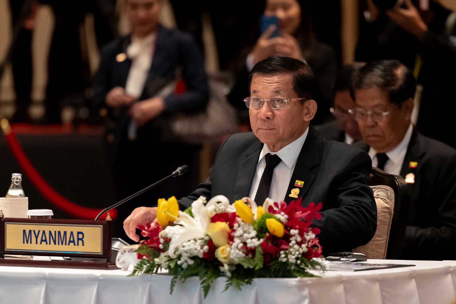 In this photo released by Thailand's Foreign Affairs Ministry, Myanmar's military leader Senior Gen. Min Aung Hlaing, attends the Bay of Bengal Initiative for Multi-Sectoral Technical and Economic Cooperation (6 th BIMSTEC) summit in Bangkok, Thailand, Friday, April 4, 2025. (Thailand's Foreign Affairs Ministry via AP)