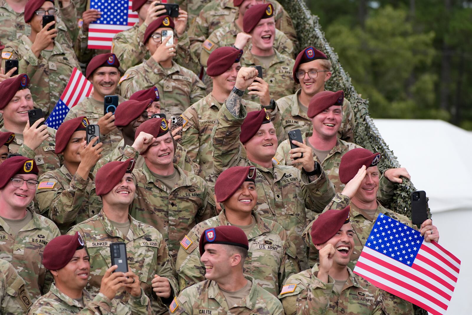 Army soldiers listen as President Donald Trump speaks at Fort Bragg, Tuesday, June 10, 2025, in Fort Bragg, N.C. (AP Photo/Alex Brandon)