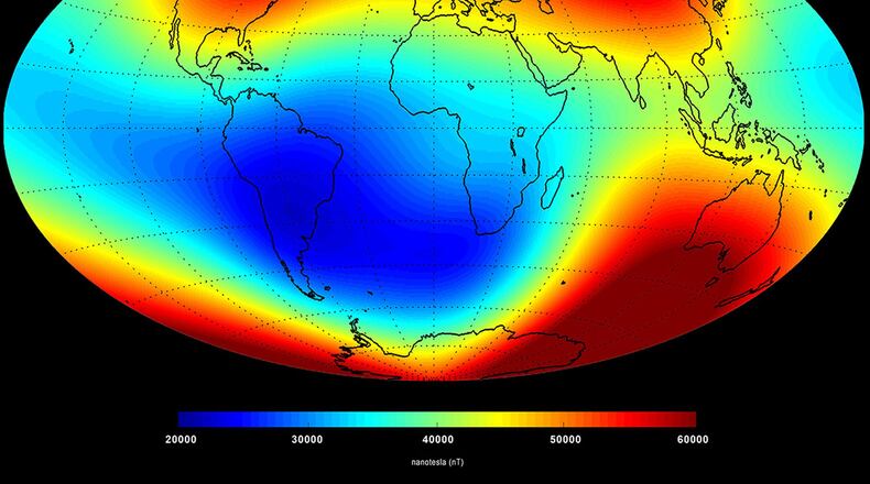Major components of Earth’s magnetic field include the stronger core field (shown here) and the crustal field. The core field is stronger but varies slowly over time. (Courtesy graphic)