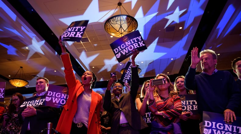 Supporters of U.S. Sen. Sherrod Brown celebrate his campaign victory Tuesday night at the Hyatt Regency on November 6, 2018, in Columbus, Ohio. (Photo by Jeff Swensen/Getty Images)