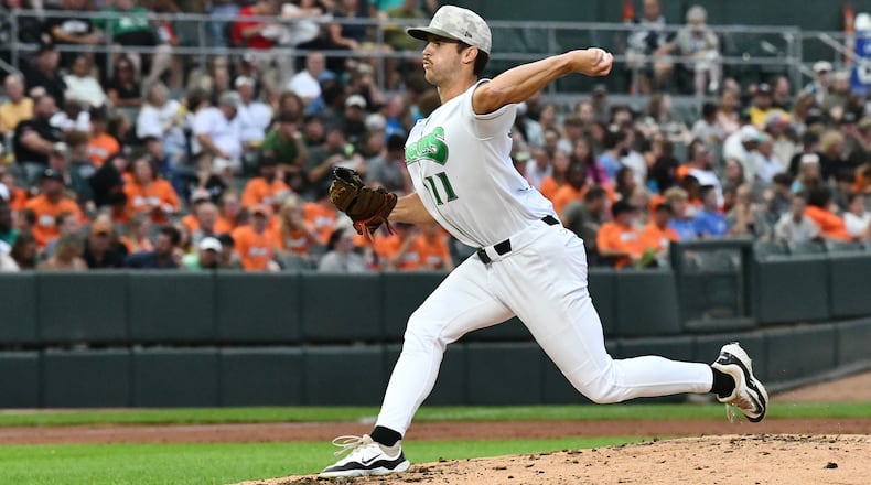 Dayton's Nick Sando delivers a pitch to the plate during their game against Lansing on Saturday, Aug. 23 at Day Air Ballpark. JEFF GILBERT/CONTRIBUTED