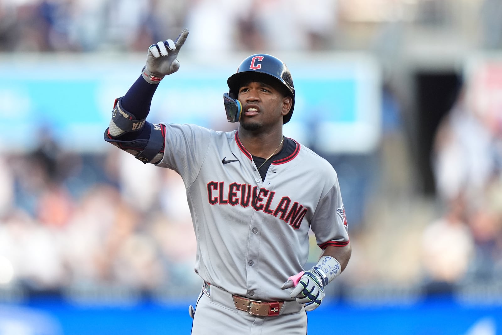 Cleveland Guardians' Angel Martínez gestures as he runs the bases after hitting a two-run home run during the first inning of a baseball game against the New York Yankees, Wednesday, June 4, 2025, in New York. (AP Photo/Frank Franklin II)