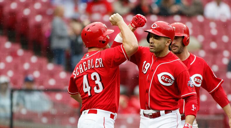 CINCINNATI, OH - SEPTEMBER 08: Joey Votto #19 of the Cincinnati Reds celebrates with Scott Schebler #43 of the Cincinnati Reds after hitting a grand slam against San Diego Padres in the second inning at Great American Ball Park on September 8, 2018 in Cincinnati, Ohio. (Photo by Justin Casterline/Getty Images)