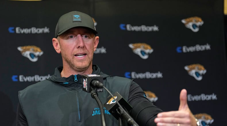 Jacksonville Jaguars head coach Liam Coen speaks during a news conference following an NFL football game against the Indianapolis Colts Sunday, Dec. 28, 2025, in Indianapolis. (AP Photo/Carolyn Kaster)