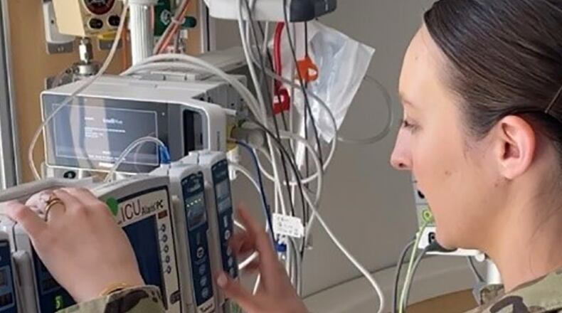 First Lt. Mariah Armstrong, a critical-care nurse, demonstrates how to program IV smart pumps, with guardrails in place for each one, to safely administer medications. The 88th Inpatient Operations Squadron at Wright-Patterson Medical Center was recently named the Air Force’s Best Inpatient Facility Patient Safety Program by the Air and Space Force’s surgeon general. U.S. AIR FORCE PHOTO/MAJ. GENEVIEVE BOLDIN
