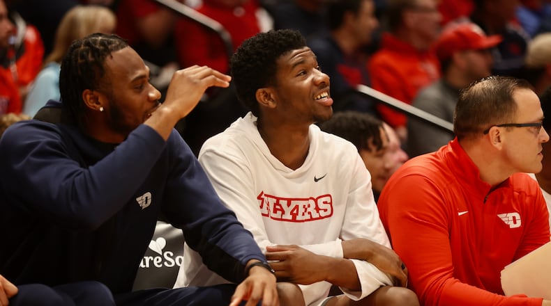 Dayton's Tyrone Baker sits on the bench during a game against Lindenwood on Monday, Nov. 7, 2022, at UD Arena. David Jablonski/Staff