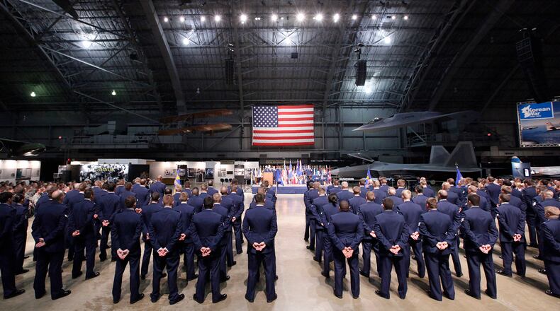 National Air and Space Intelligence Center (NASIC) airmen stand at parade rest during change-of-command ceremony in 2018 at the National Museum of the U.S. Air Force. FILE