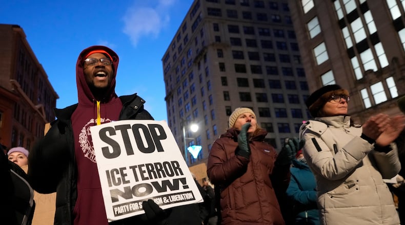 FILE - Protesters rally against the presence of U.S. Immigration Customs Enforcement in Maine, Friday, Jan. 23, 2026, in Portland, Maine. (AP Photo/Robert F. Bukaty, File)