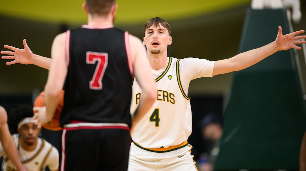Wright State University freshman Kellen Pickett prepares to play defense during their 85-73 victory over IU Indy in a Horizon League game on Thursday, Feb. 19, 2026 at the Nutter Center. JEREMY MILLER / CONTRIBUTED PHOTO
