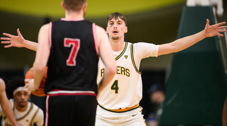 Wright State University freshman Kellen Pickett prepares to play defense during their 85-73 victory over IU Indy in a Horizon League game on Thursday, Feb. 19, 2026 at the Nutter Center. JEREMY MILLER / CONTRIBUTED PHOTO