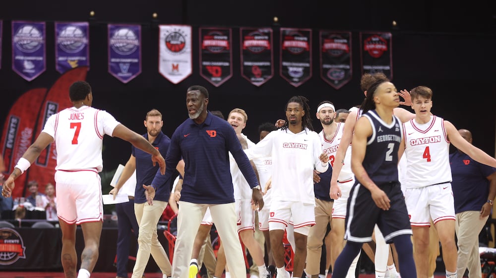 Dayton's Anthony Grant reacts after a play against Georgetown on Thursday, Nov. 27, 2025, at the State Farm Field House in Kissimmee, Fla. David Jablonski/Staff