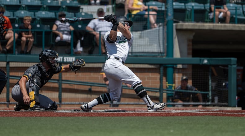 Wright State University senior catcher Boston Smith, a Vandalia Butler grad, swings the bat during their game against Northern Kentucky University on Sunday afternoon at Nischwitz Stadium in Fairborn. JORDAN WOMMACK / CONTRIBUTED PHOTO