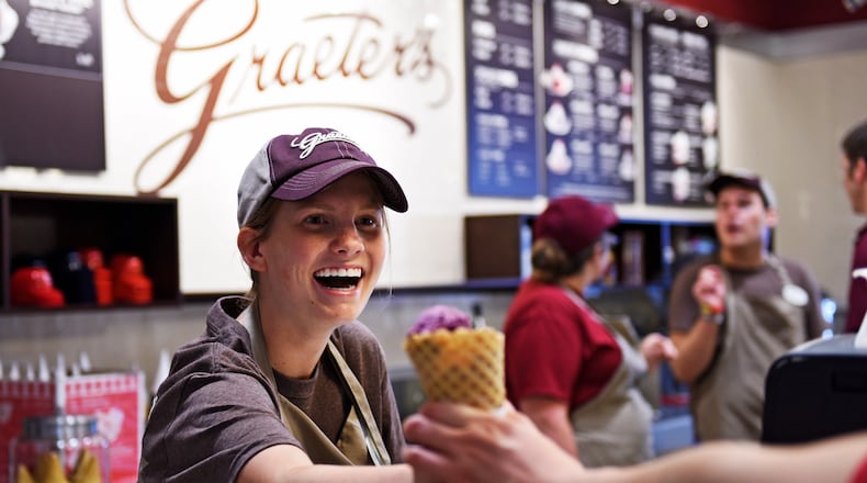 Graeter’s Ice Cream is celebrating its annual Cones for the Cure campaign with a free sugar cone of Elena’s Blueberry Pie for app holders (file photo). NICK GRAHAM