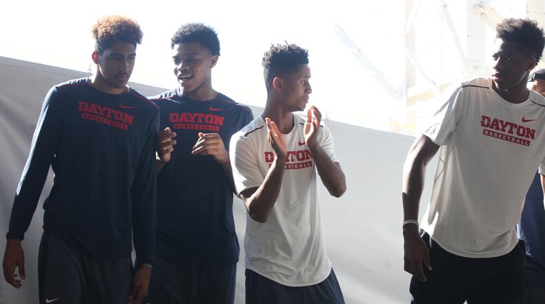 Dayton’s Obadiah Toppin, Jordan Pierce, Darrell Davis and Kostas Antetokounmpo are introduced at a basketball fan fest on Saturday, Oct. 14, 2017, at Welcome Stadium in Dayton.