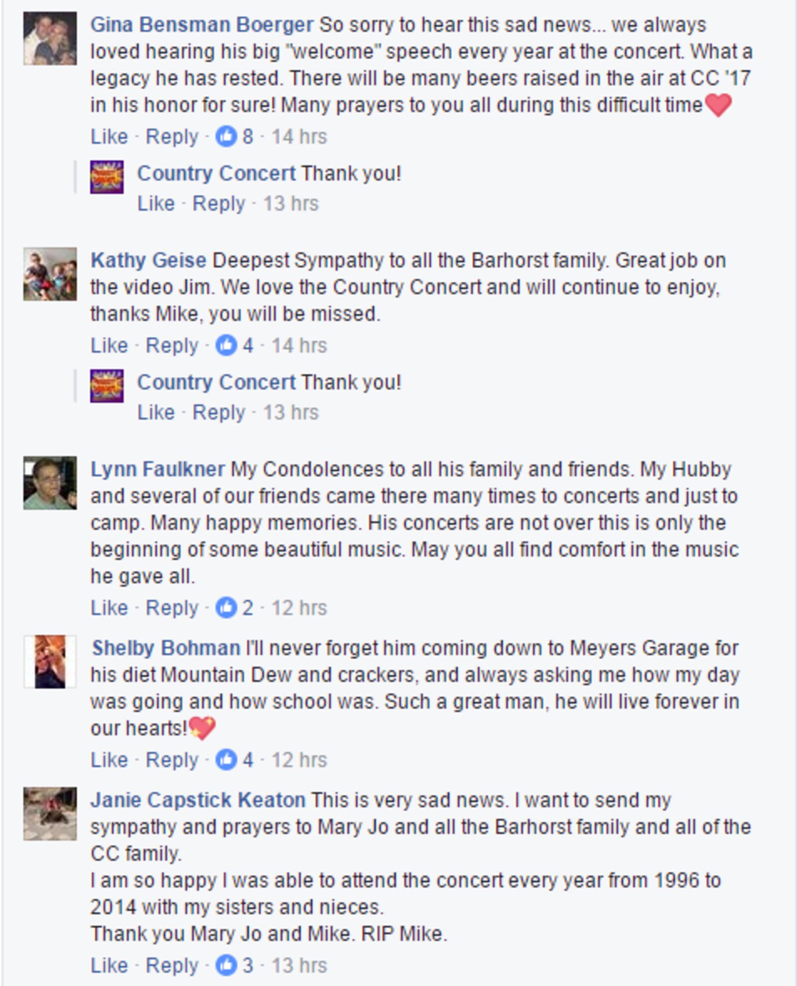 More than 1,000 country music fans posted their memories and condolences on the organization's Facebook page.