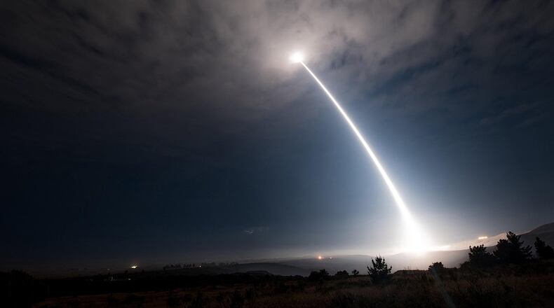An unarmed Minuteman III intercontinental ballistic missile launches during an operational test at Vandenberg Air Force Base, Calif. The Intercontinental Ballistic Missile Combined Test Force, operated by AEDC, was activated to support modernization and life extension for the LGM-30 Minuteman III (MMIII) and development of the next generation Ground Based Strategic Deterrent ICBM. (U.S. Air Force photo/Senior Airman Ian Dudley)