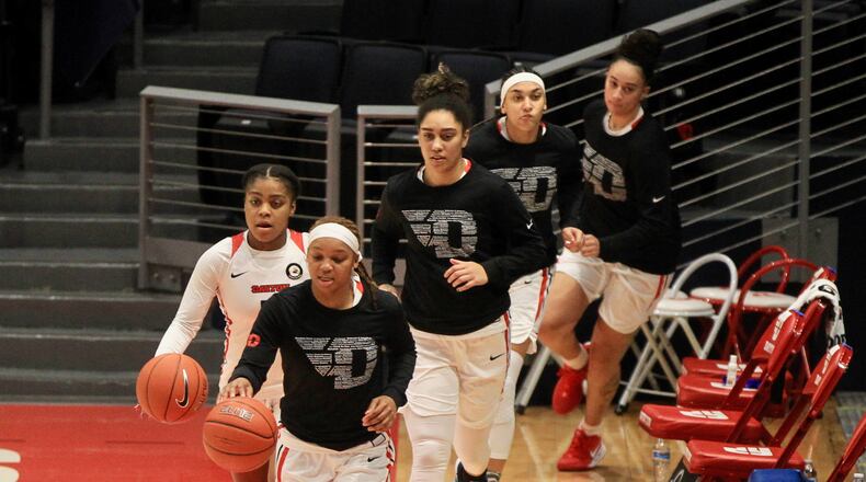 Dayton takes the court before a game against Duquesne at UD Arena on Jan. 3, 2021. David Jablonski/Staff