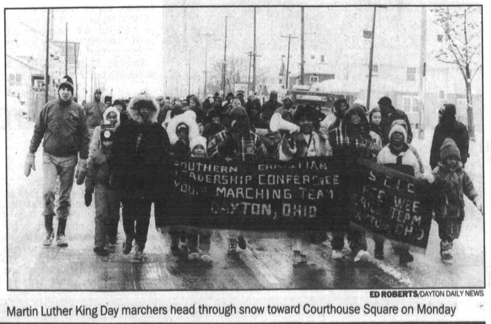 Martin Luther King Day marchers head through snow towards Courthouse Square, 1994. DAYTON DAILY NEWS ARCHIVES
