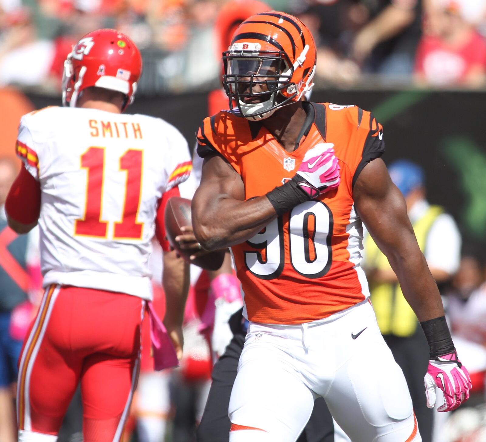 Bengals defensive lineman Michael Johnson celebrates after sacking Chiefs quarterback Alex Smith on Sunday, Oct. 4, 2015, at Paul Brown Stadium in Cincinnati. David Jablonski/Staff