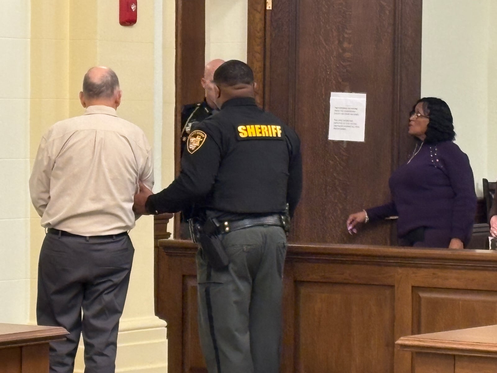 William Brock, 83,is led from the courtroom in handcuffs Wednesday, Jan. 14, 2026, after a jury finds him guilty of murder in the March 2024 shooting of Columbus Uber driver 61-year-old Lo-Letha "Letha" Toland Hall. JEN BALDUF/STAFF