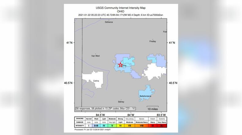 The U.S. Geological Survey reported a magnitude 2.4 earthquake near Lima early Friday, Jan. 22, 2021. Image courtesy the U.S. Geological Survey.