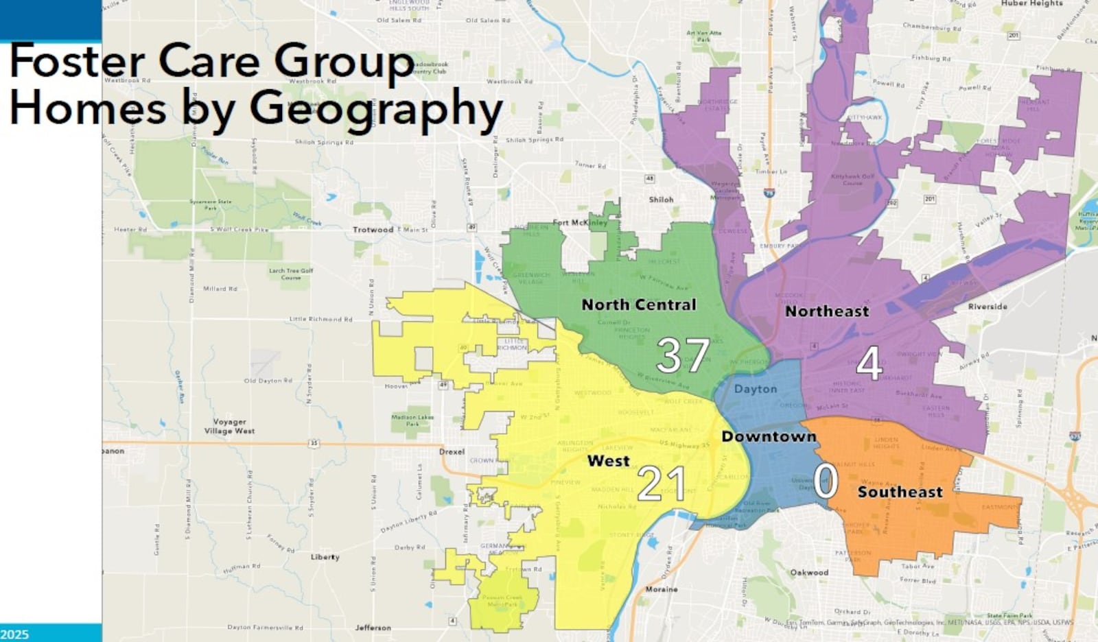 A map showing the number of foster care group homes by land use area in the city of Dayton. CONTRIBUTED BY THE CITY OF DAYTON