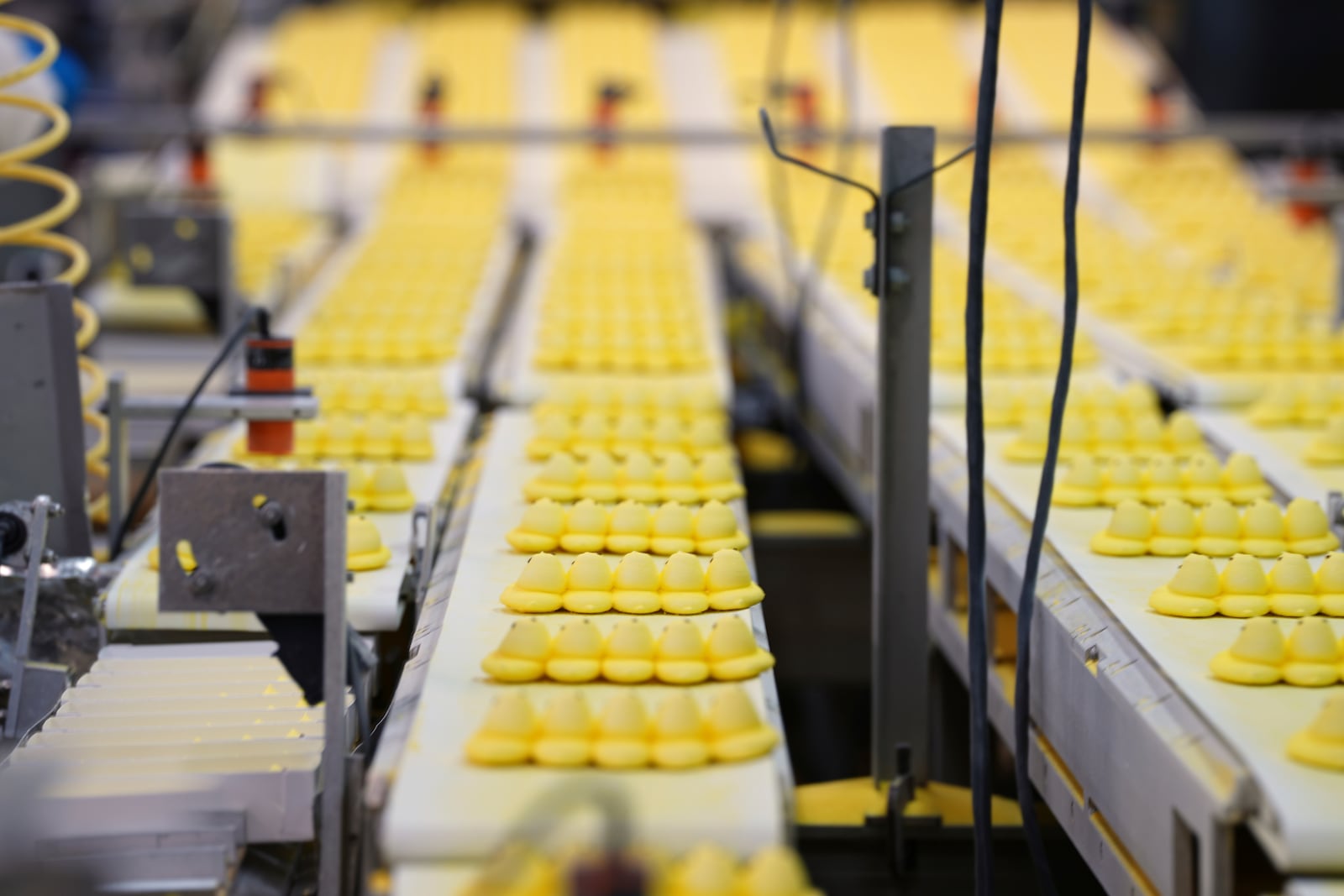 Peeps marshmallow treats move through the manufacturing process at the Just Born factory in Bethlehem, Pa., Thursday, April 10, 2025. (AP Photo/Matt Rourke)